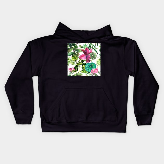 Seamless tropical flower, plant and leaf pattern background Kids Hoodie by Olga Berlet